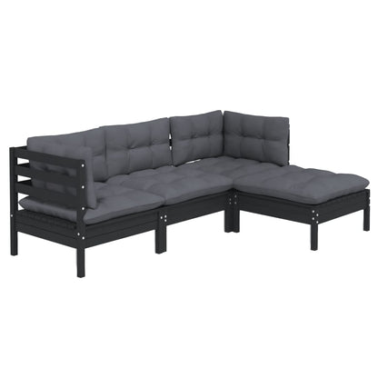 4 pcs conjunto lounge de jardim c/ almofadões pinho preto