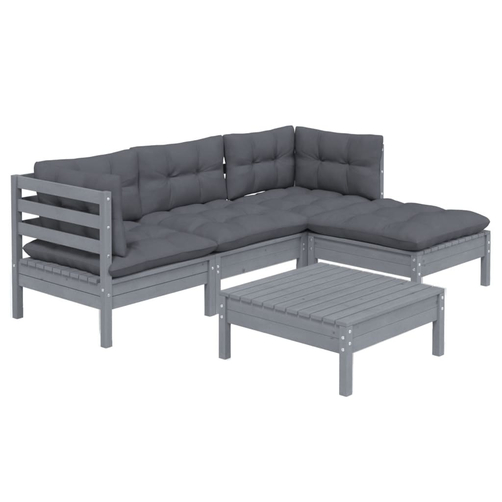 5 pcs conjunto lounge de jardim c/ almofadões pinho cinza