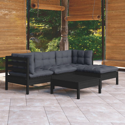 5 pcs conjunto lounge de jardim c/ almofadões pinho preto