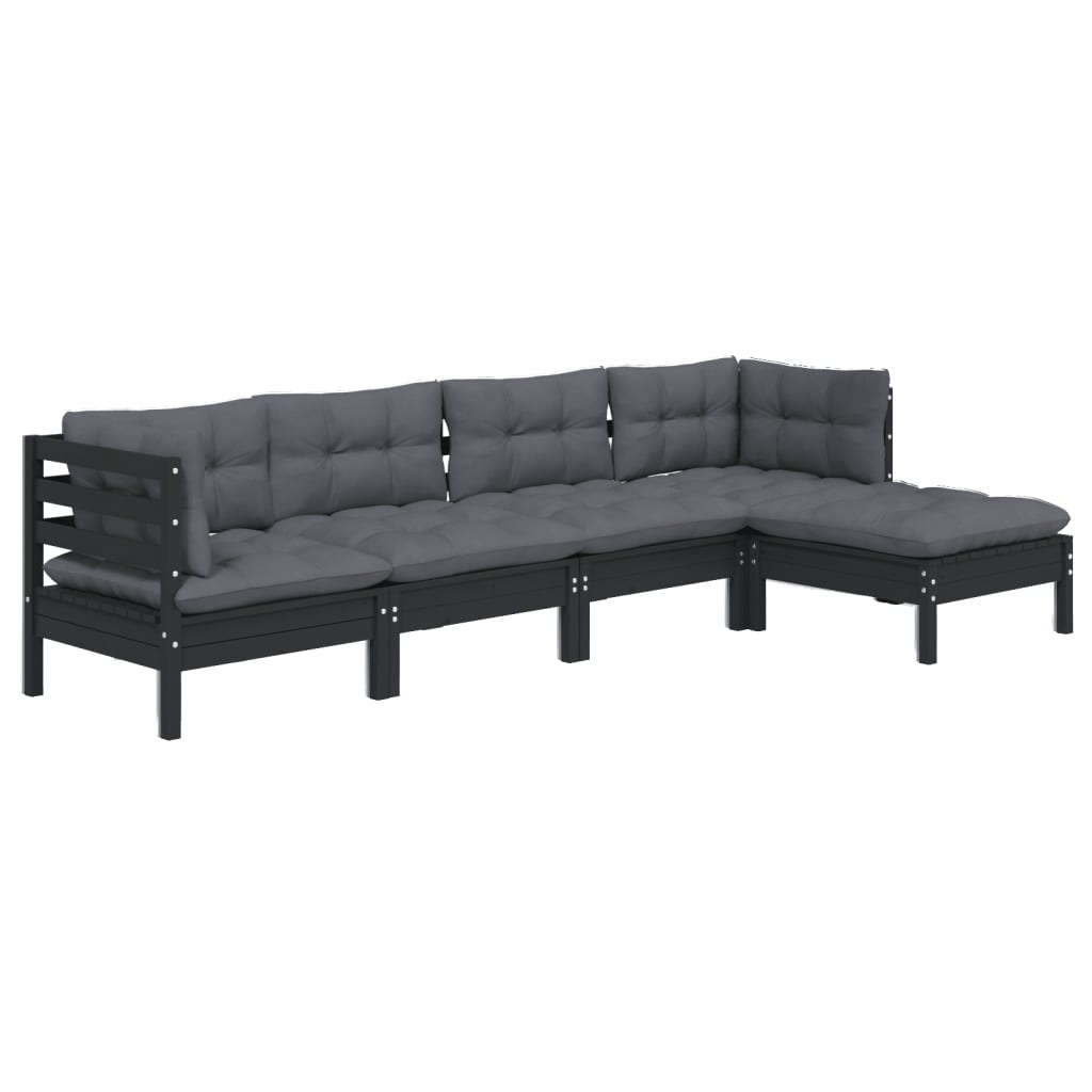 5 pcs conjunto lounge de jardim c/ almofadões pinho preto