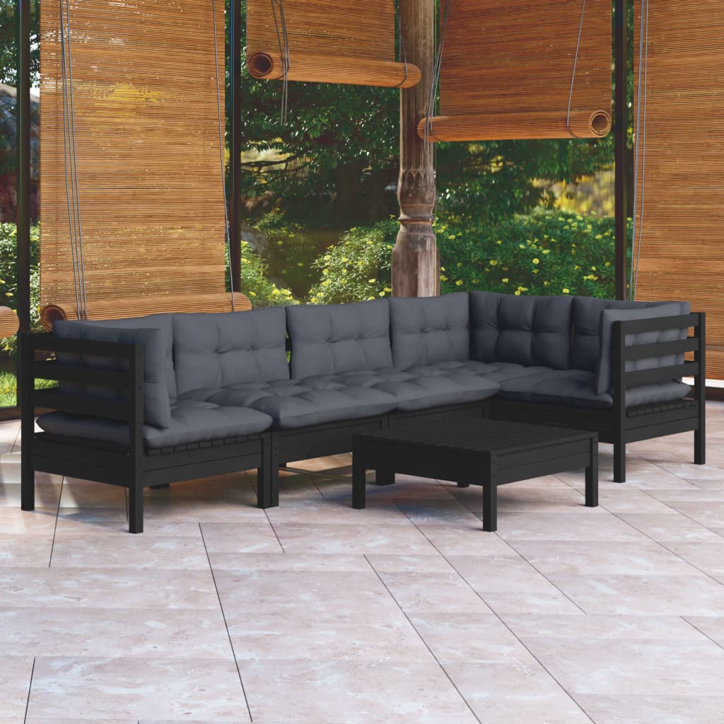 6 pcs conjunto lounge de jardim c/ almofadões pinho preto