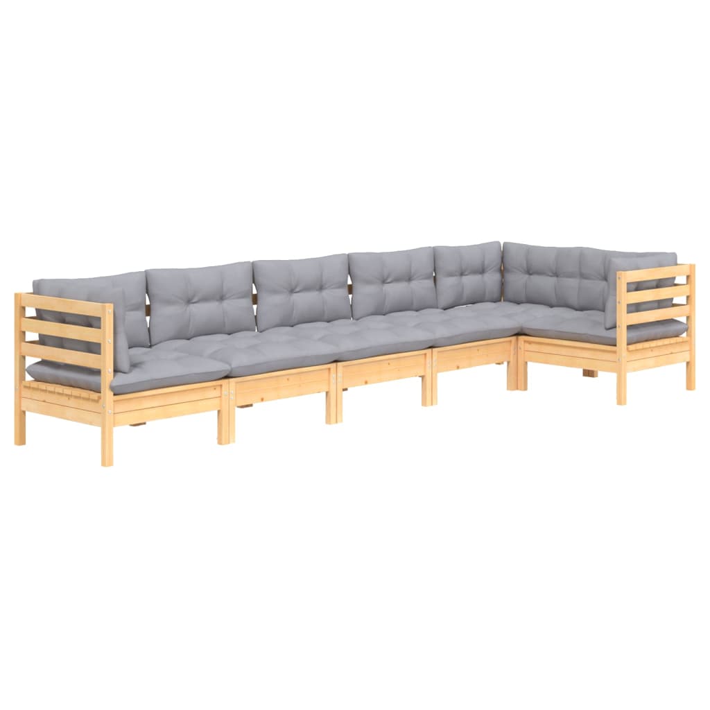 6 pcs conjunto lounge de jardim c/ almofadões cinza pinho