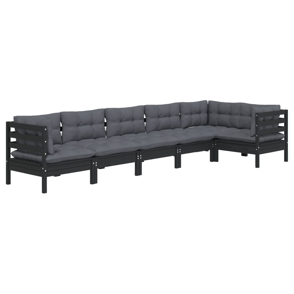 6 pcs conjunto lounge de jardim c/ almofadões pinho preto