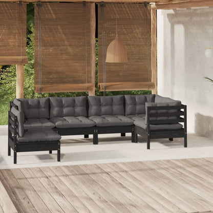 6 pcs conjunto lounge de jardim c/ almofadões pinho preto