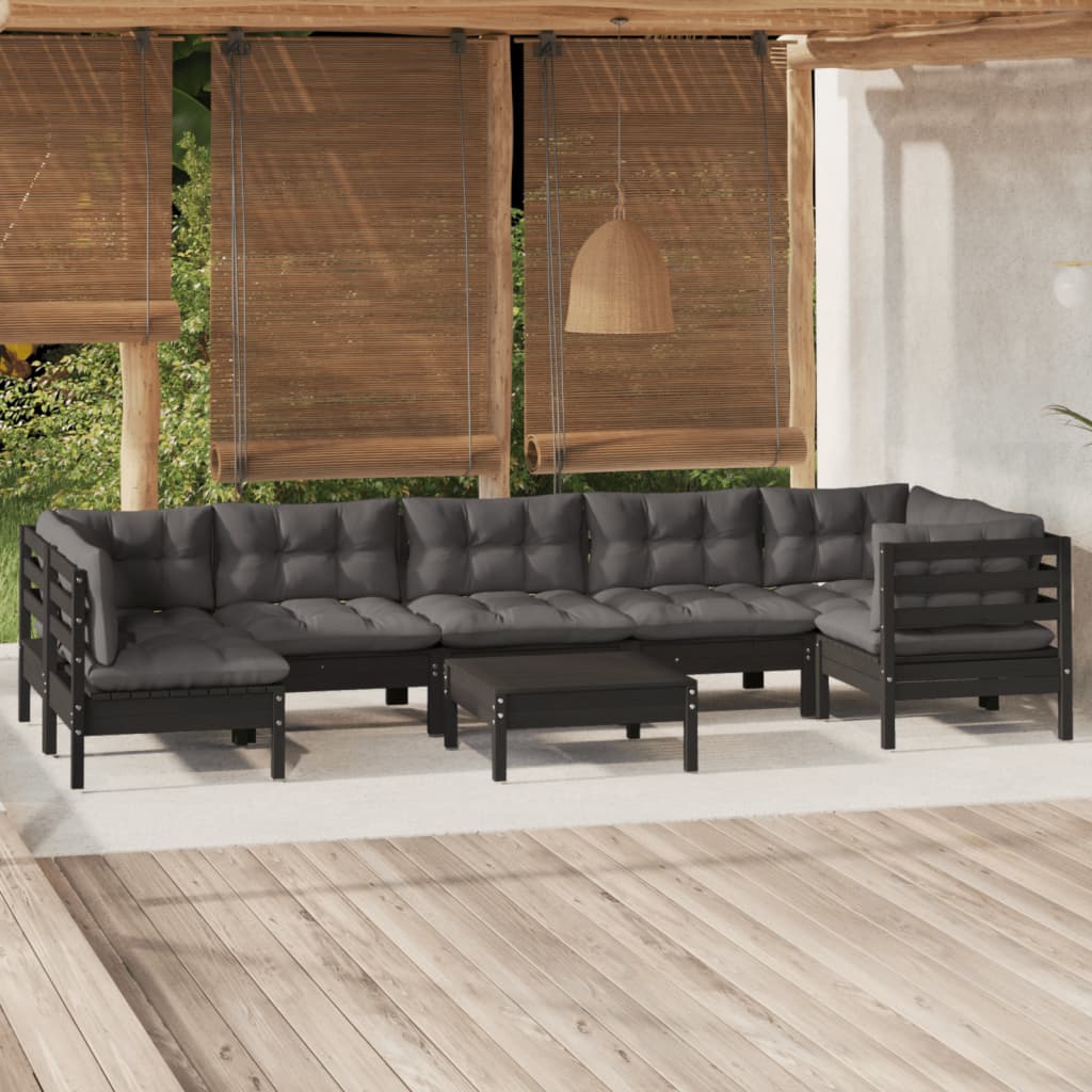 8 pcs conjunto lounge de jardim c/ almofadões pinho preto