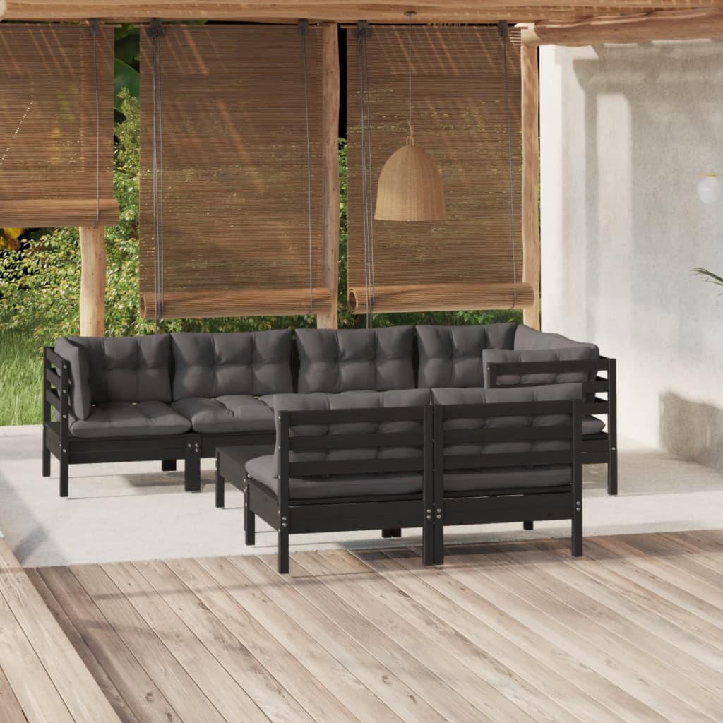 8 pcs conjunto lounge jardim c/ almofadões pinho maciço preto