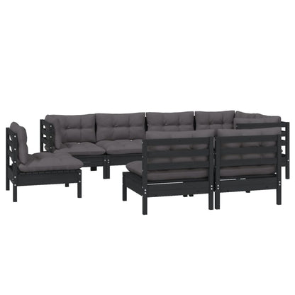 8 pcs conjunto lounge jardim c/ almofadões pinho maciço preto