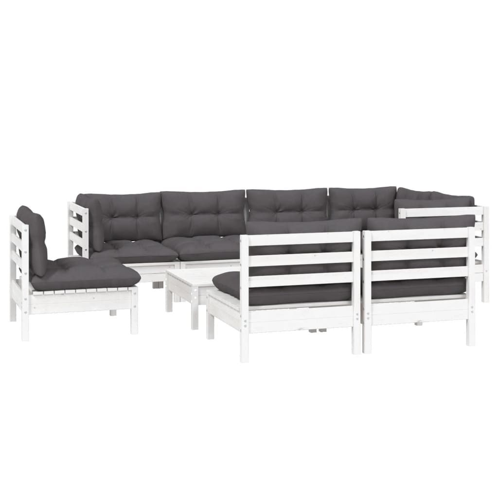 9 pcs conj. lounge de jardim c/ almofadões pinho maciço branco