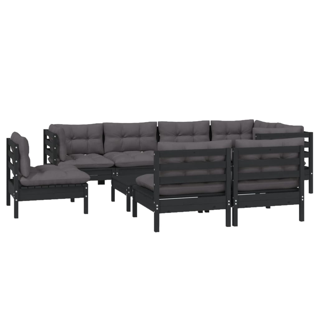 9 pcs conjunto lounge jardim c/ almofadões pinho maciço preto