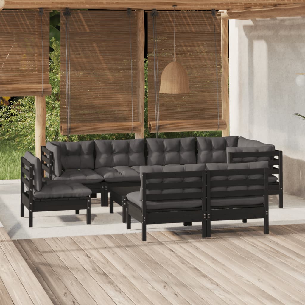 9 pcs conjunto lounge jardim c/ almofadões pinho maciço preto