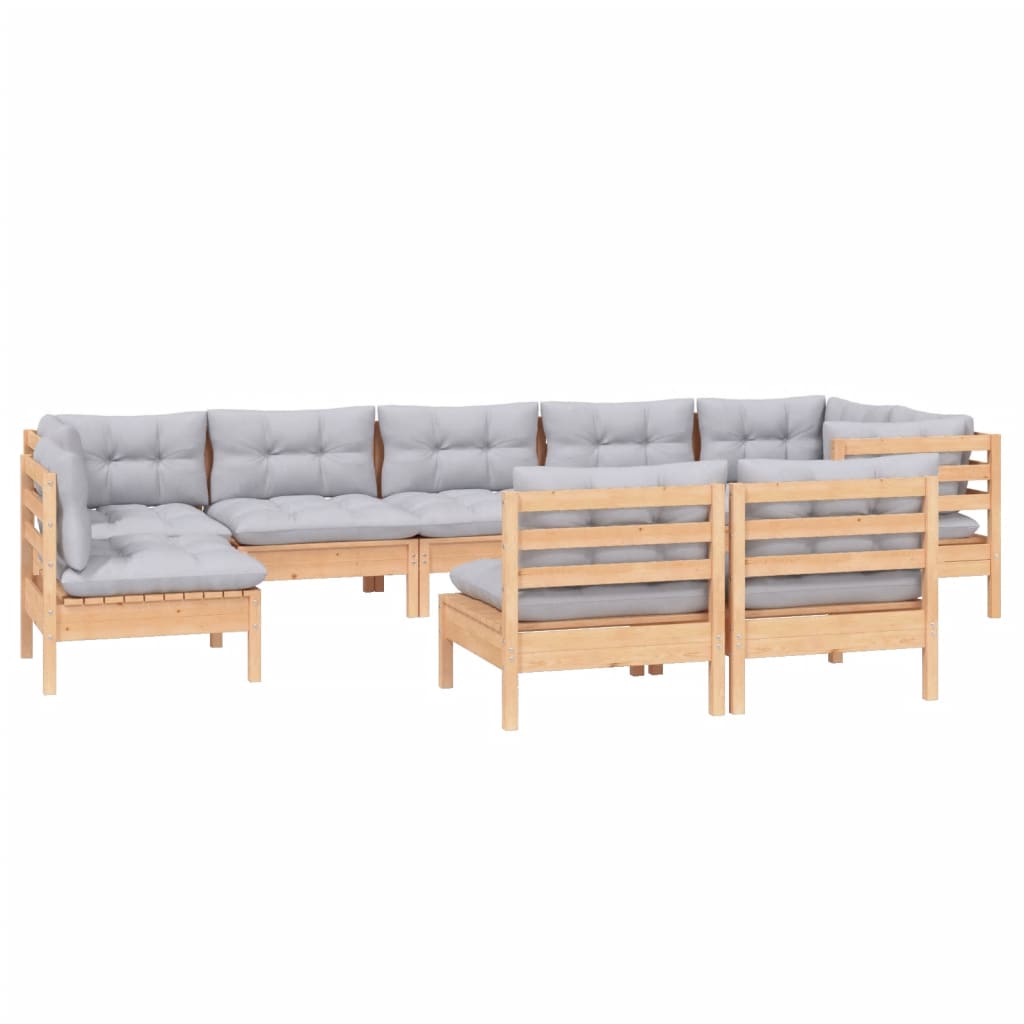 9 pcs conjunto lounge de jardim + almofadões cinza pinho maciço