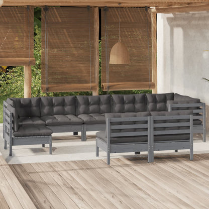 9 pcs conjunto lounge de jardim + almofadões pinho maciço cinza