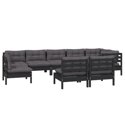 9 pcs conjunto lounge jardim c/ almofadões pinho maciço preto