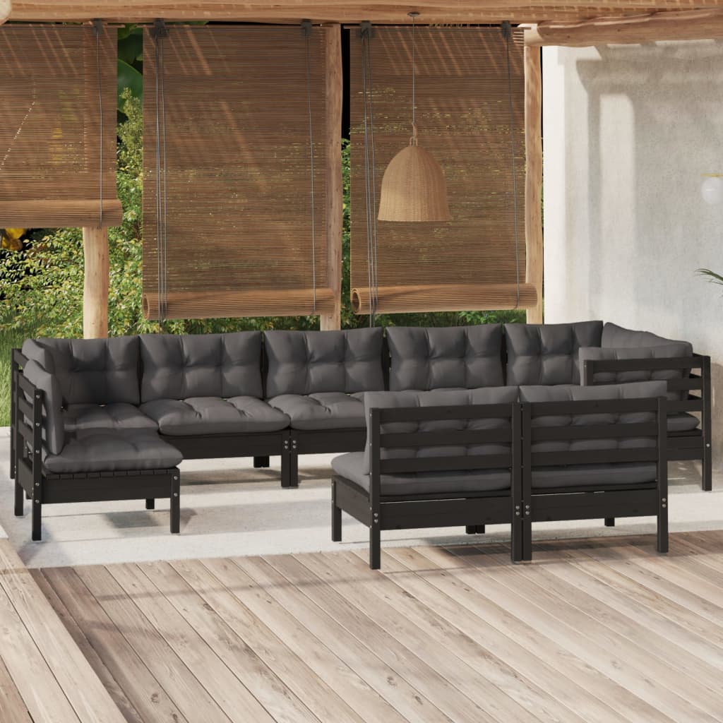 9 pcs conjunto lounge jardim c/ almofadões pinho maciço preto