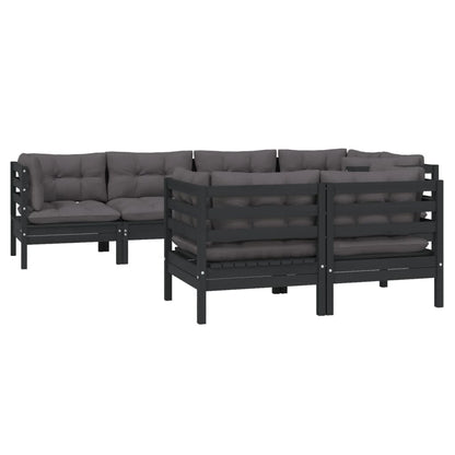 7 pcs conjunto lounge jardim c/ almofadões pinho maciço preto