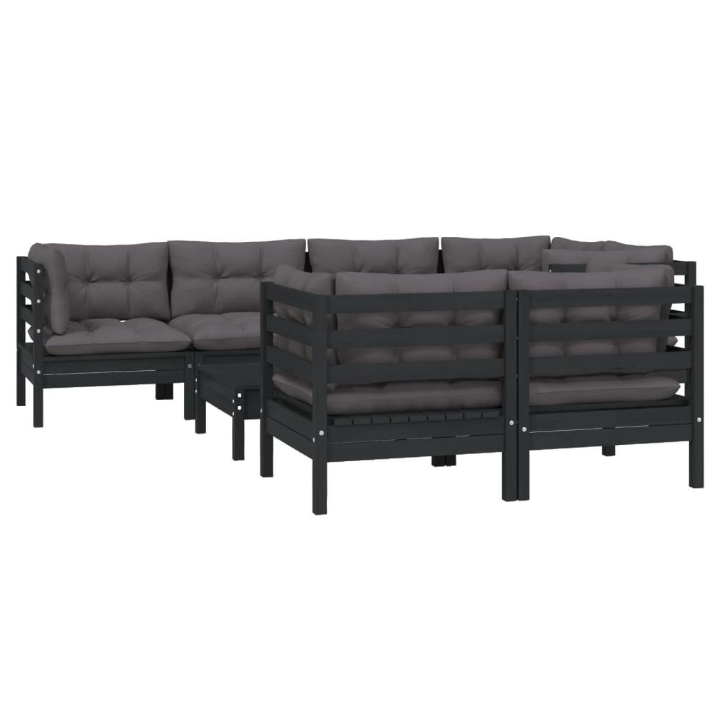 8 pcs conjunto lounge jardim c/ almofadões pinho maciço preto