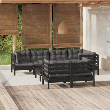 8 pcs conjunto lounge jardim c/ almofadões pinho maciço preto