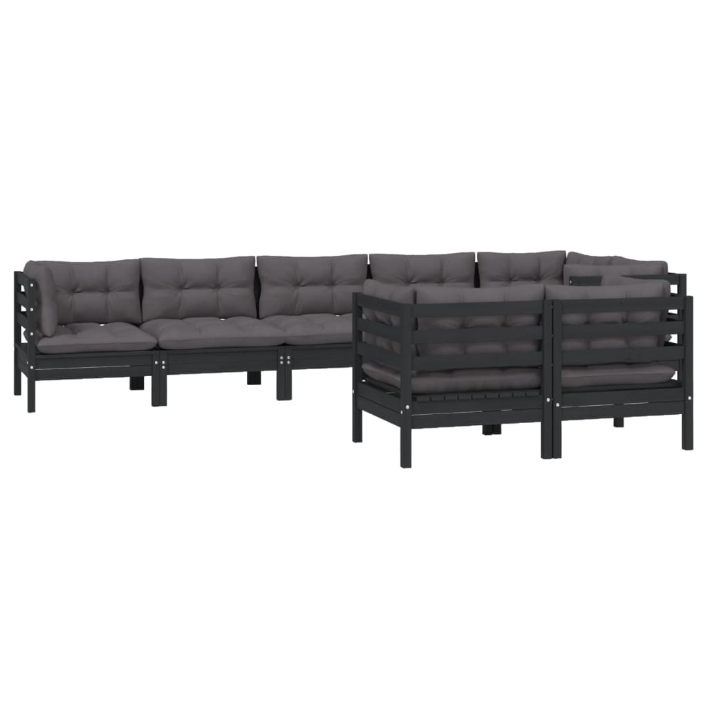 8 pcs conjunto lounge jardim c/ almofadões pinho maciço preto