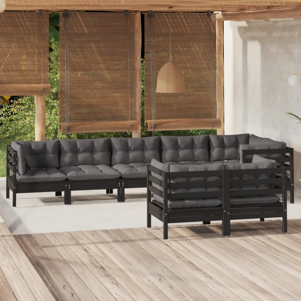 8 pcs conjunto lounge jardim c/ almofadões pinho maciço preto