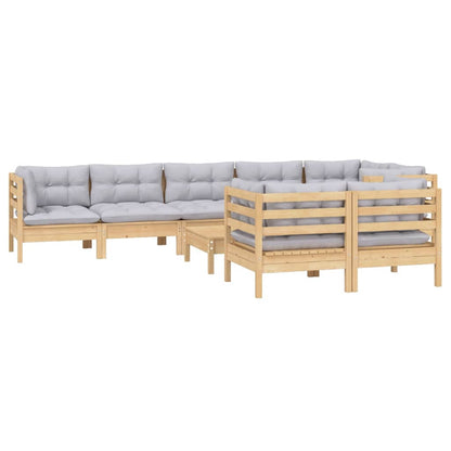 9 pcs conjunto lounge de jardim + almofadões cinza pinho maciço