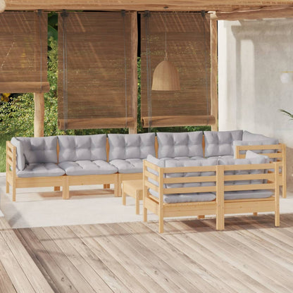 9 pcs conjunto lounge de jardim + almofadões cinza pinho maciço