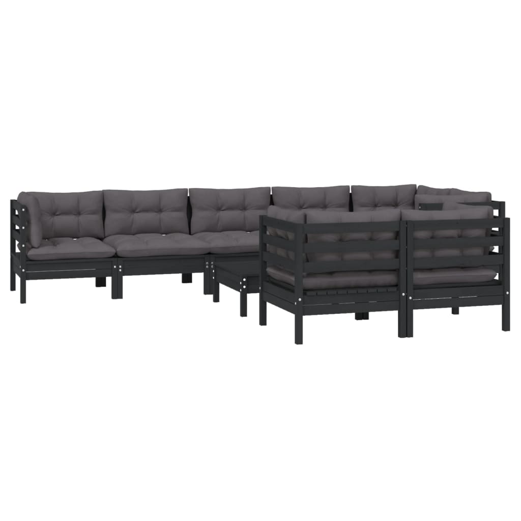 9 pcs conjunto lounge jardim c/ almofadões pinho maciço preto