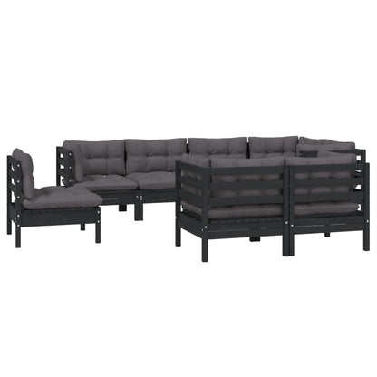 8 pcs conjunto lounge jardim c/ almofadões pinho maciço preto