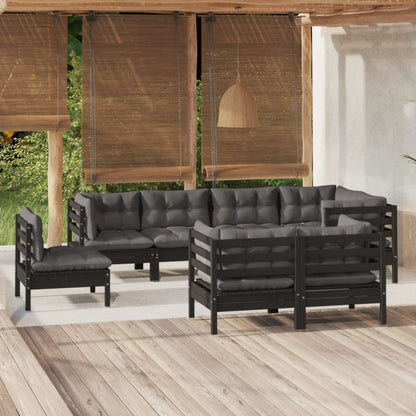 8 pcs conjunto lounge jardim c/ almofadões pinho maciço preto