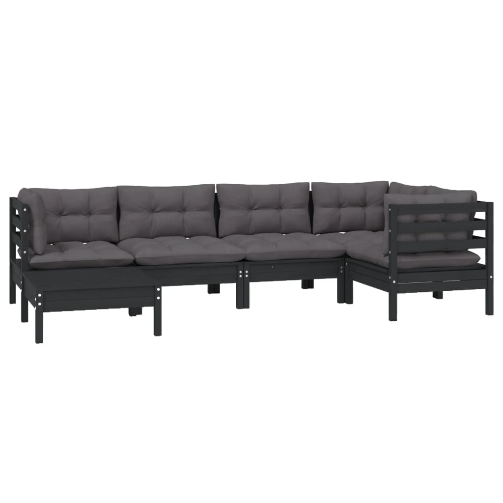 6 pcs conjunto lounge jardim c/ almofadões pinho maciço preto