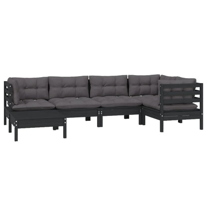 6 pcs conjunto lounge jardim c/ almofadões pinho maciço preto