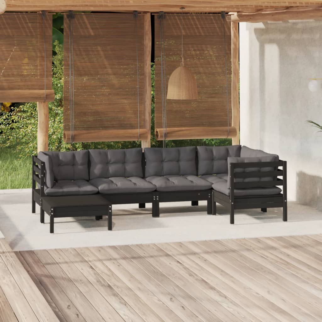 6 pcs conjunto lounge jardim c/ almofadões pinho maciço preto