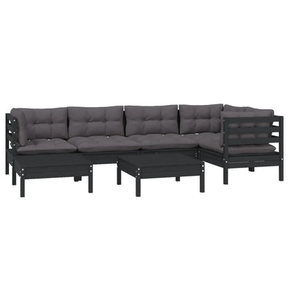 7 pcs conjunto lounge jardim c/ almofadões pinho maciço preto