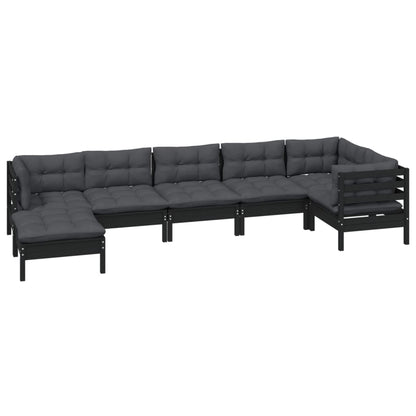 7 pcs conjunto lounge jardim c/ almofadões pinho maciço preto