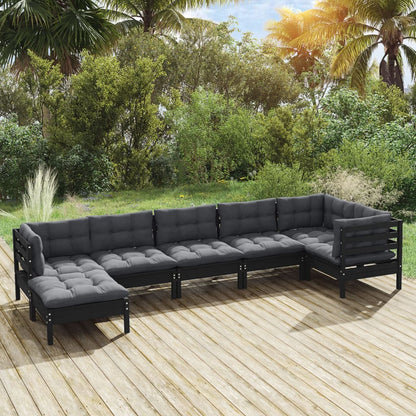 7 pcs conjunto lounge jardim c/ almofadões pinho maciço preto