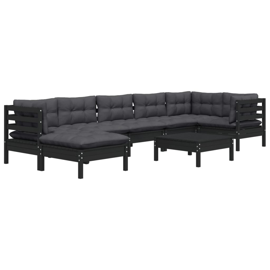 8 pcs conjunto lounge jardim c/ almofadões pinho maciço preto