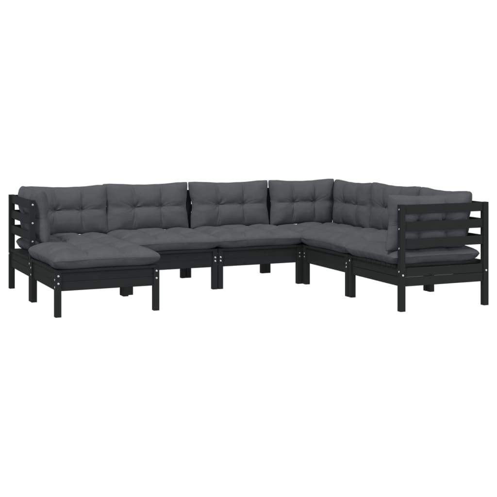 7 pcs conjunto lounge jardim c/ almofadões pinho maciço preto