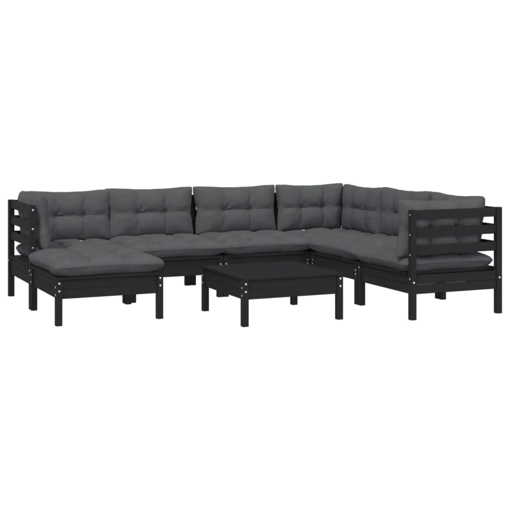 8 pcs conjunto lounge jardim c/ almofadões pinho maciço preto