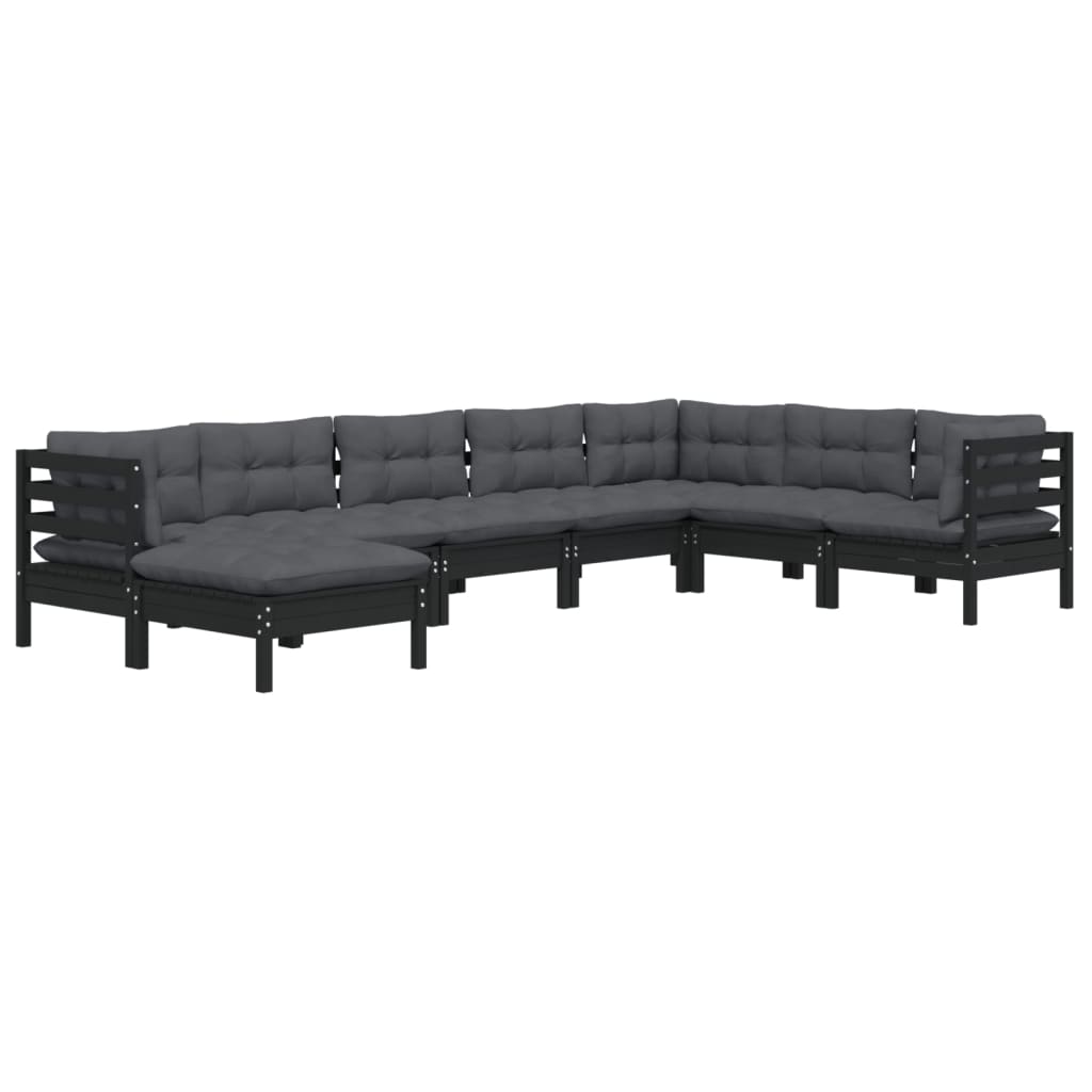 8 pcs conjunto lounge jardim c/ almofadões pinho maciço preto