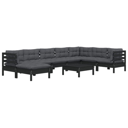 9 pcs conjunto lounge jardim c/ almofadões pinho maciço preto