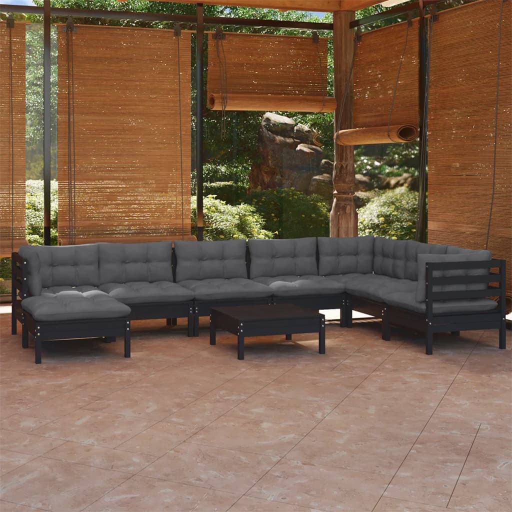 9 pcs conjunto lounge jardim c/ almofadões pinho maciço preto