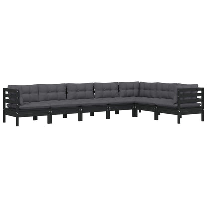 7 pcs conjunto lounge jardim c/ almofadões pinho maciço preto