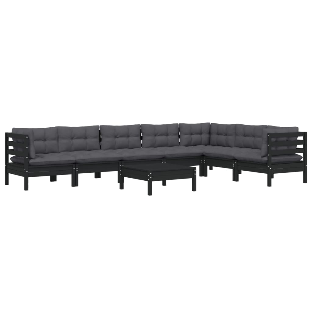 8 pcs conjunto lounge jardim c/ almofadões pinho maciço preto