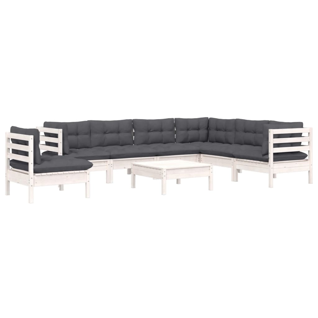 8 pcs conj. lounge de jardim c/ almofadões pinho maciço branco