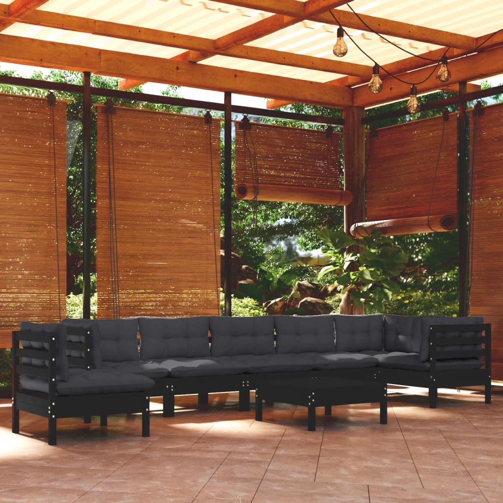 9 pcs conjunto lounge jardim c/ almofadões pinho maciço preto