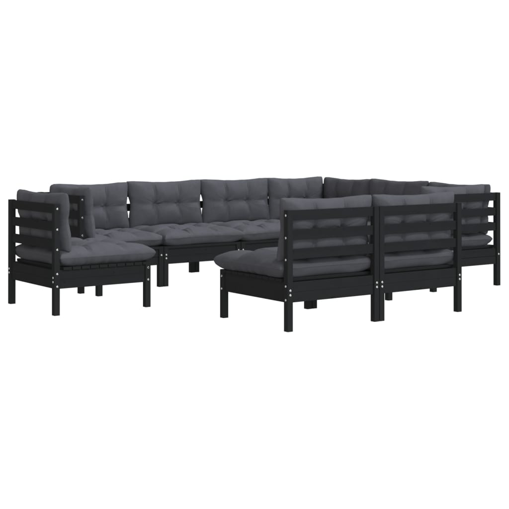 9 pcs conjunto lounge jardim c/ almofadões pinho maciço preto