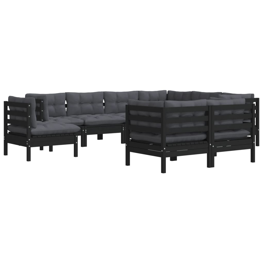 9 pcs conjunto lounge jardim c/ almofadões pinho maciço preto