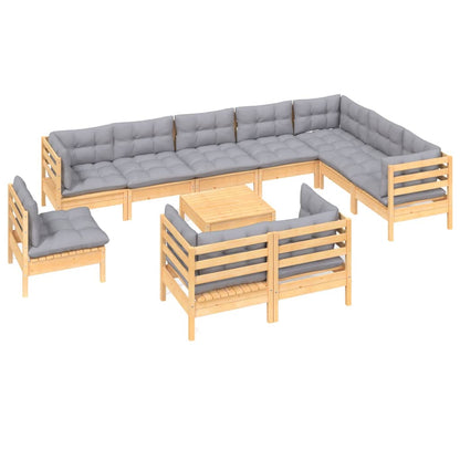 11pcs conjunto lounge de jardim + almofadões cinza pinho maciço