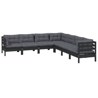 7 pcs conjunto lounge jardim c/ almofadões pinho maciço preto