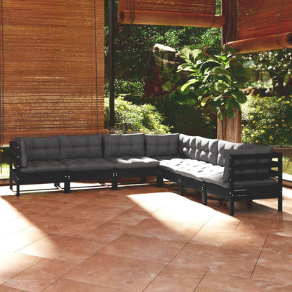 7 pcs conjunto lounge jardim c/ almofadões pinho maciço preto