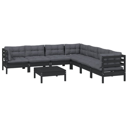 8 pcs conjunto lounge jardim c/ almofadões pinho maciço preto